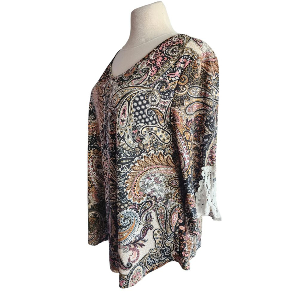 Stem & Vine Paisley Boho Top Womens Plus 1X Black Floral Lace Sleeve Blouse NWT - Picture 4 of 12